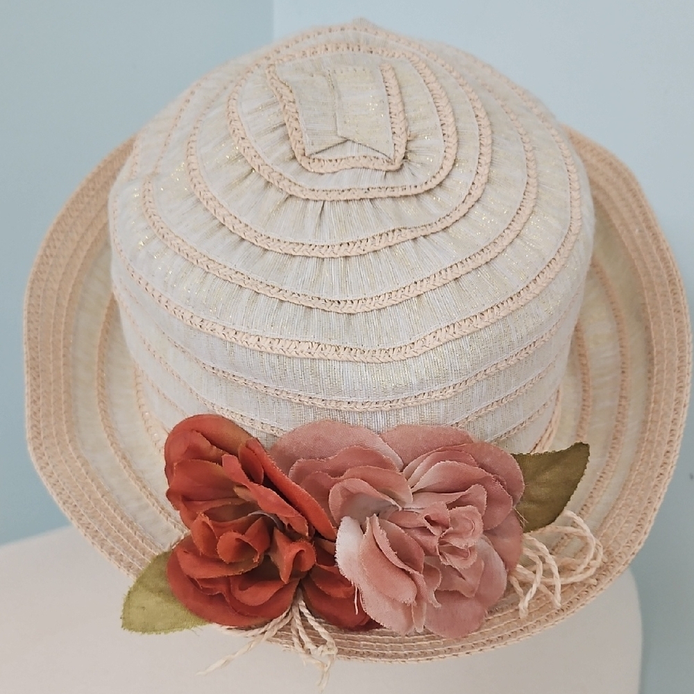 D&Y Cream Hat with Pink and Orange Floral Accents